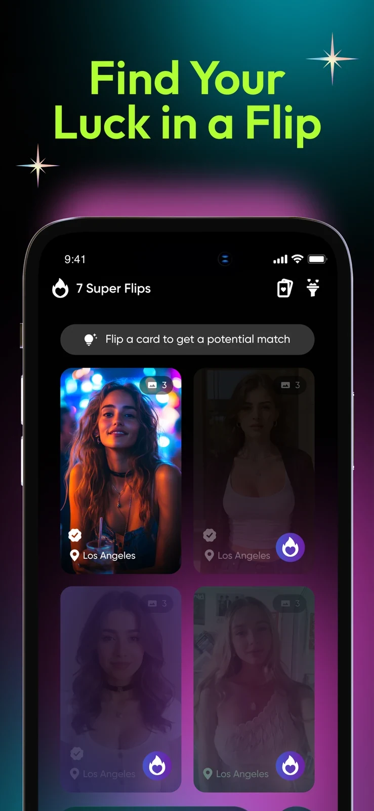 Casual Dating & Flirt - Kasual, panel 2: A profile card grid presents a flip mechanic and location labels.