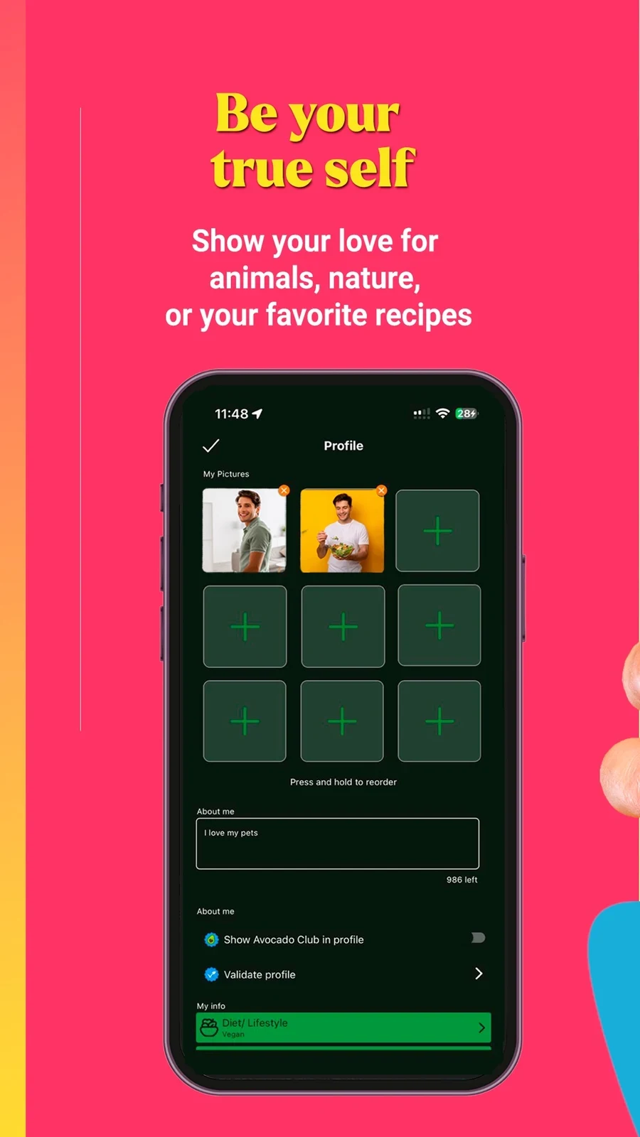Veggly – Vegan Dating App, panel 3: Profile editing shows a diet field and photos.