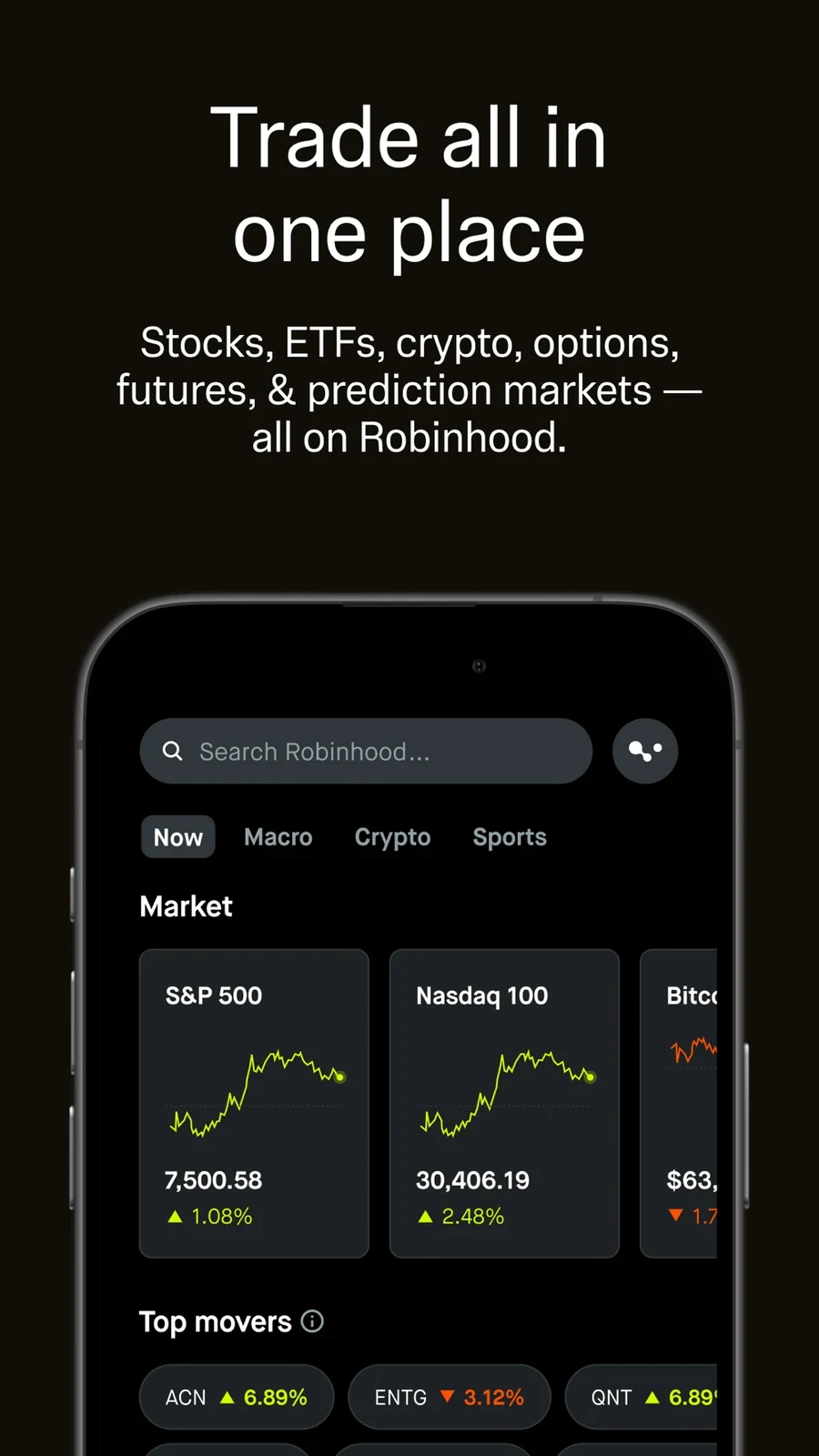 Robinhood: market cards and a multi-product trading message