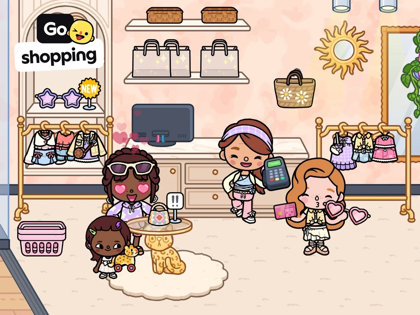 Toca Boca World: Game & Play, panel 2: A pretend shopping scene shows characters and accessories.