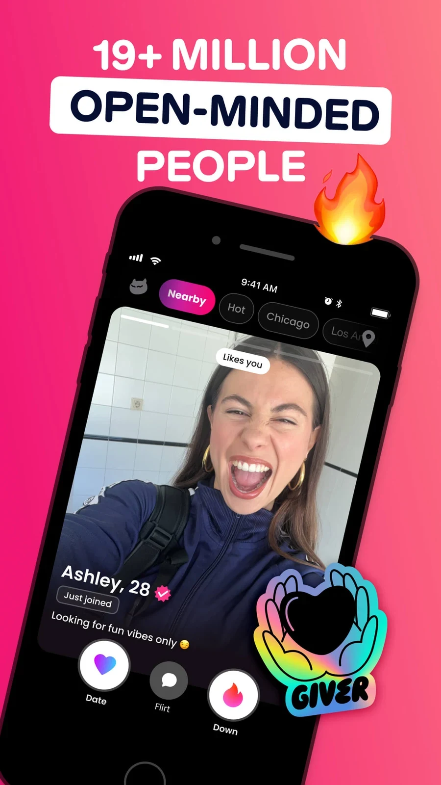 DOWN: The Casual Dating App, panel 2: A profile and action buttons appear alongside a publisher member-count claim.