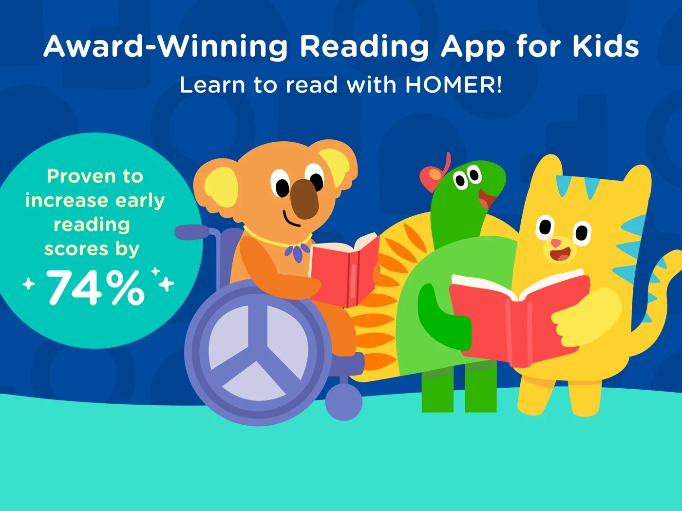 HOMER: Fun Learning For Kids, panel 1: Characters accompany a publisher reading-score claim.