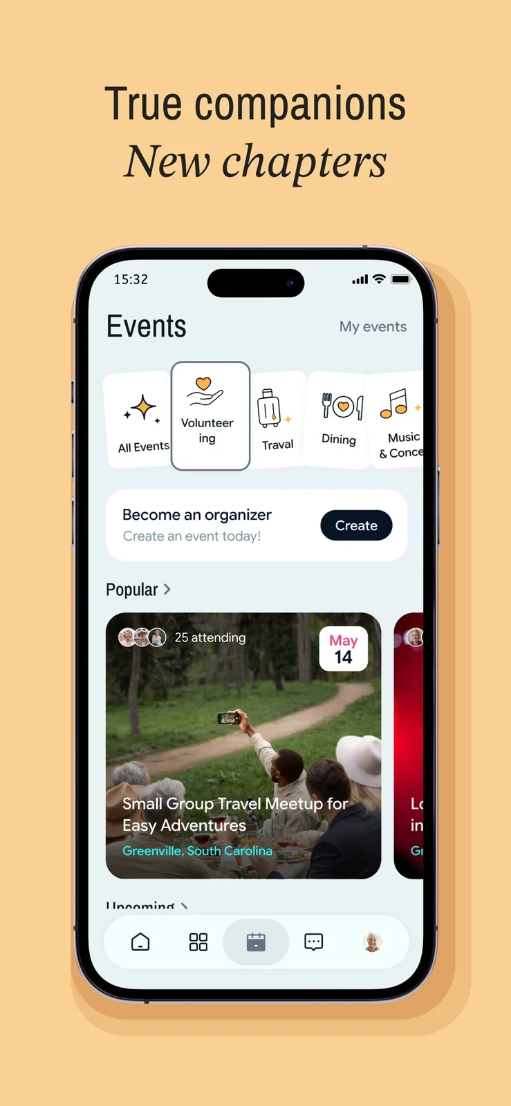 SilverSingles®: 50+ Dating, panel 3: An activities interface suggests shared experiences.