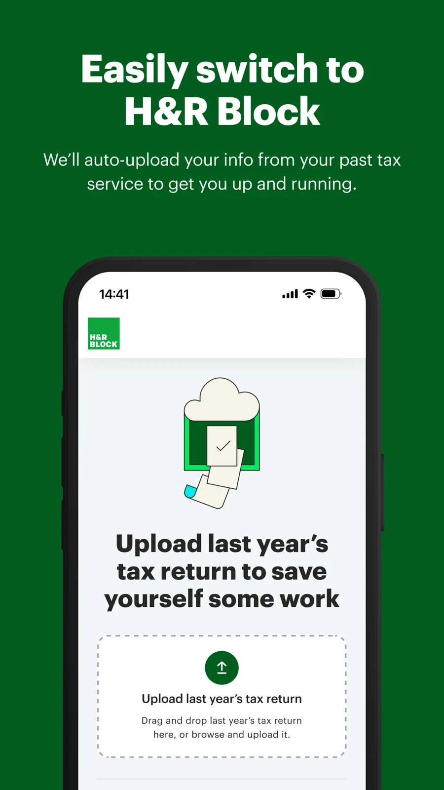 H&R Block Tax Prep, panel 1: A prior-year return upload screen leads the switching story.
