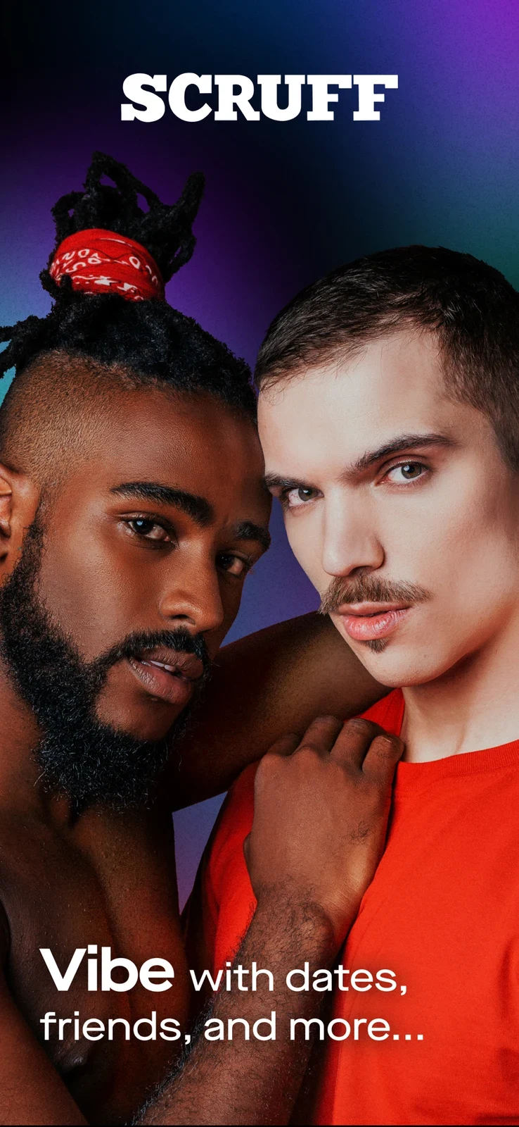 SCRUFF - Gay Dating & Chat, panel 1: A lifestyle portrait introduces dates and friendship.