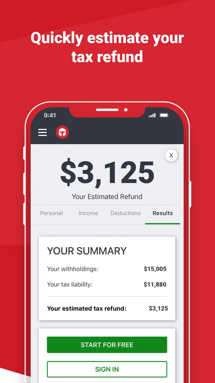 TaxSlayer, panel 4: An estimated refund screen displays a summary of inputs.