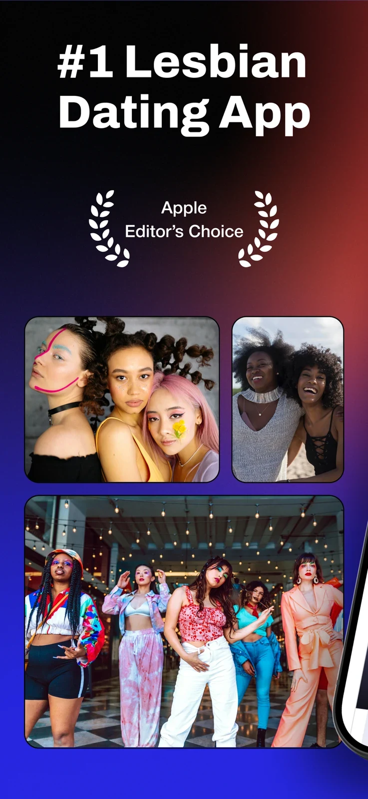 HER, panel 1: An award and category-leading claim appear above community imagery.