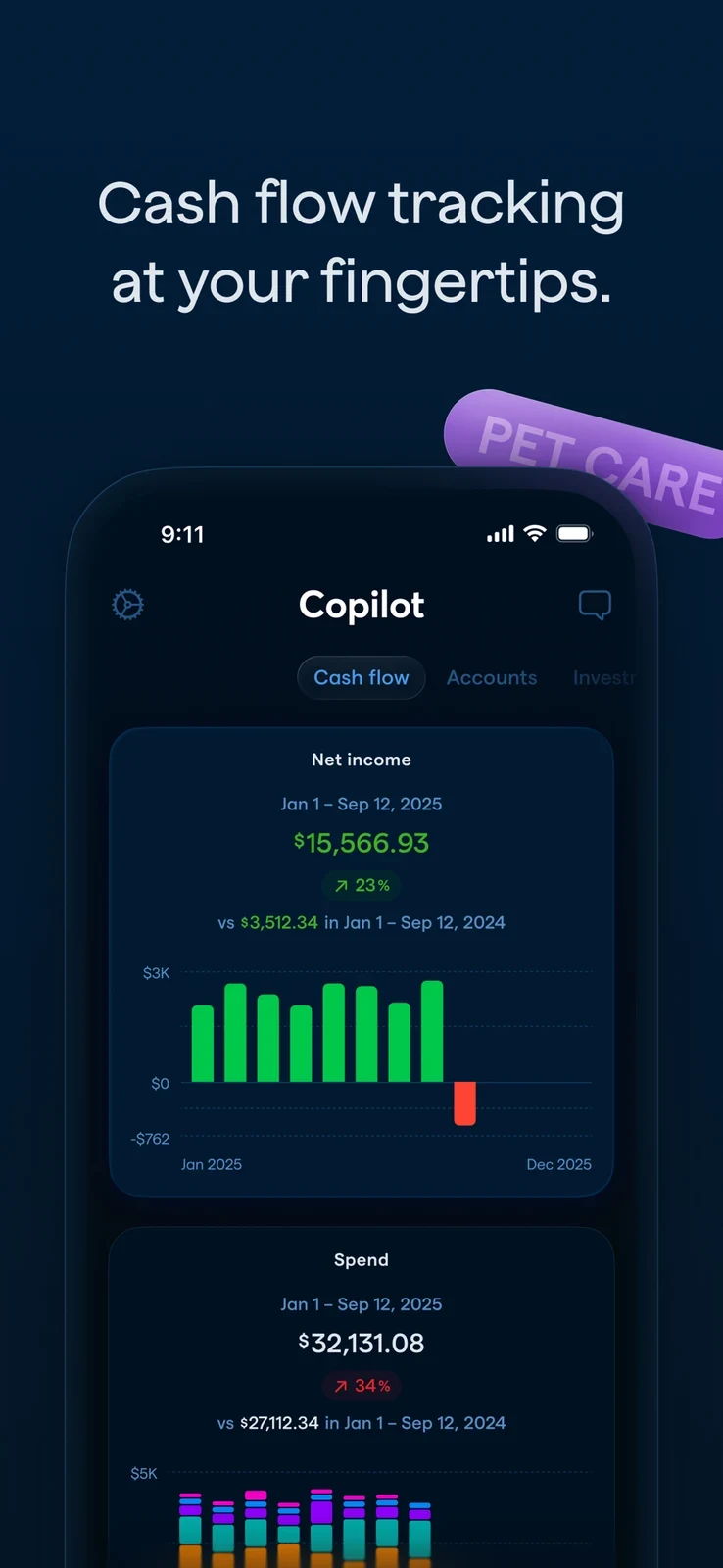 Copilot: cash-flow comparison with amounts percentages and charts