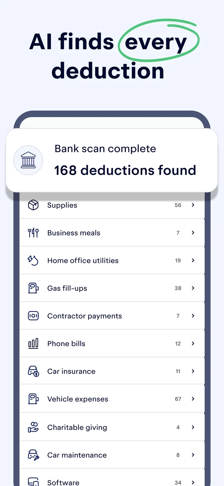 Keeper, panel 2: A bank-scan overlay presents a count of potential deduction categories.