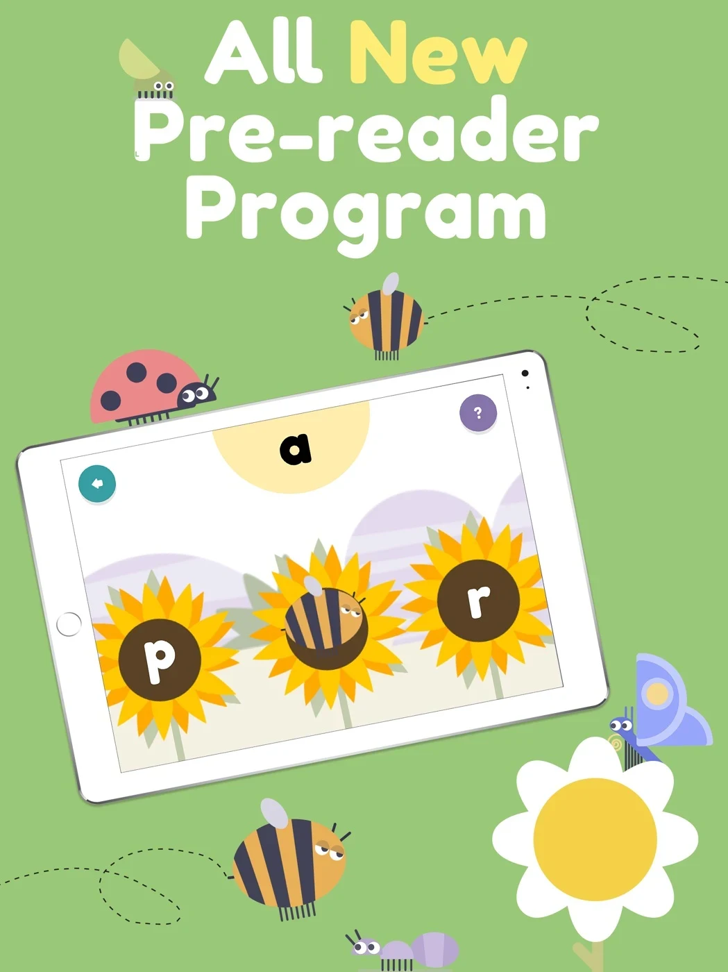Hooked on Phonics Learning, panel 4: Letter options introduce a pre-reader activity.