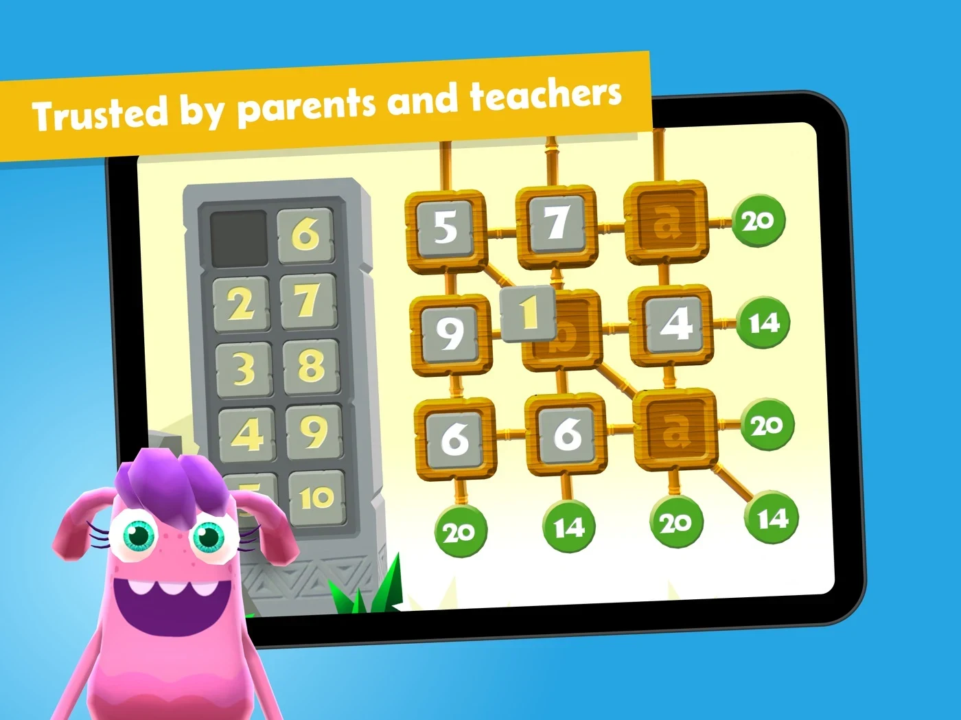 MathTango: Math Games for Kids, panel 3: A number grid accompanies a trust claim.