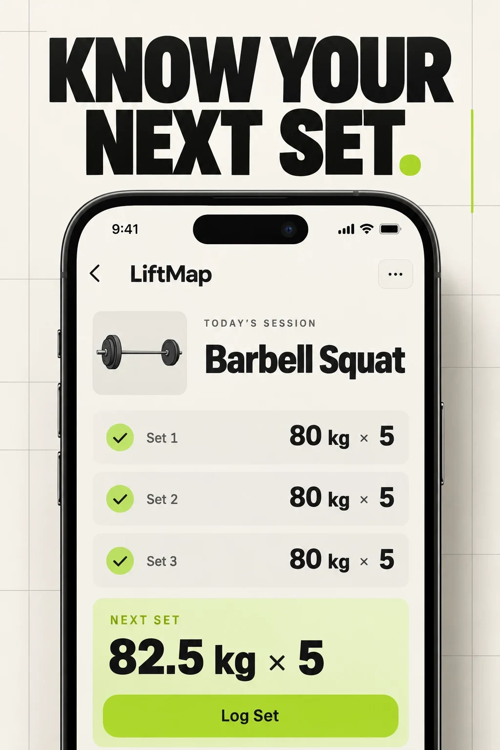 Fictional LiftMap concept showing completed squat sets and a next-set suggestion