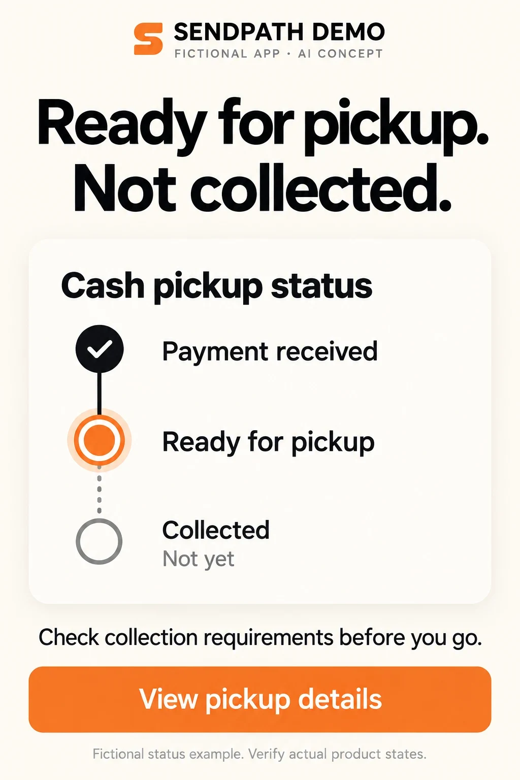 Fictional cash pickup timeline with payment received, ready for pickup active and collected not yet complete