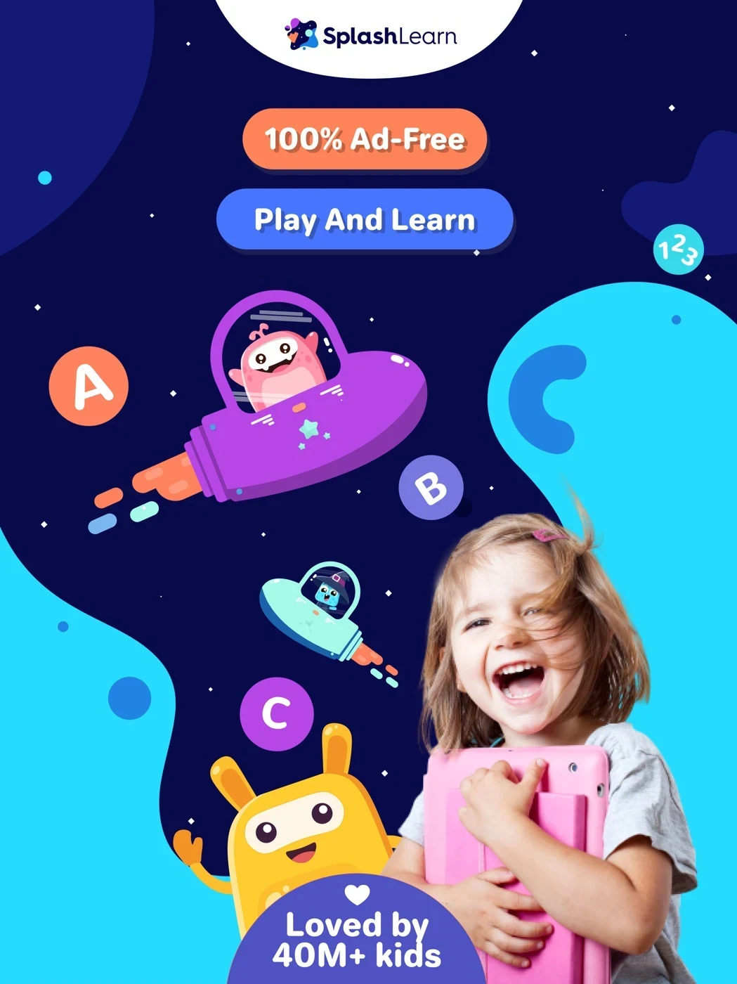 SplashLearn: Learning Games, panel 1: A child and characters accompany ad-free and audience claims.