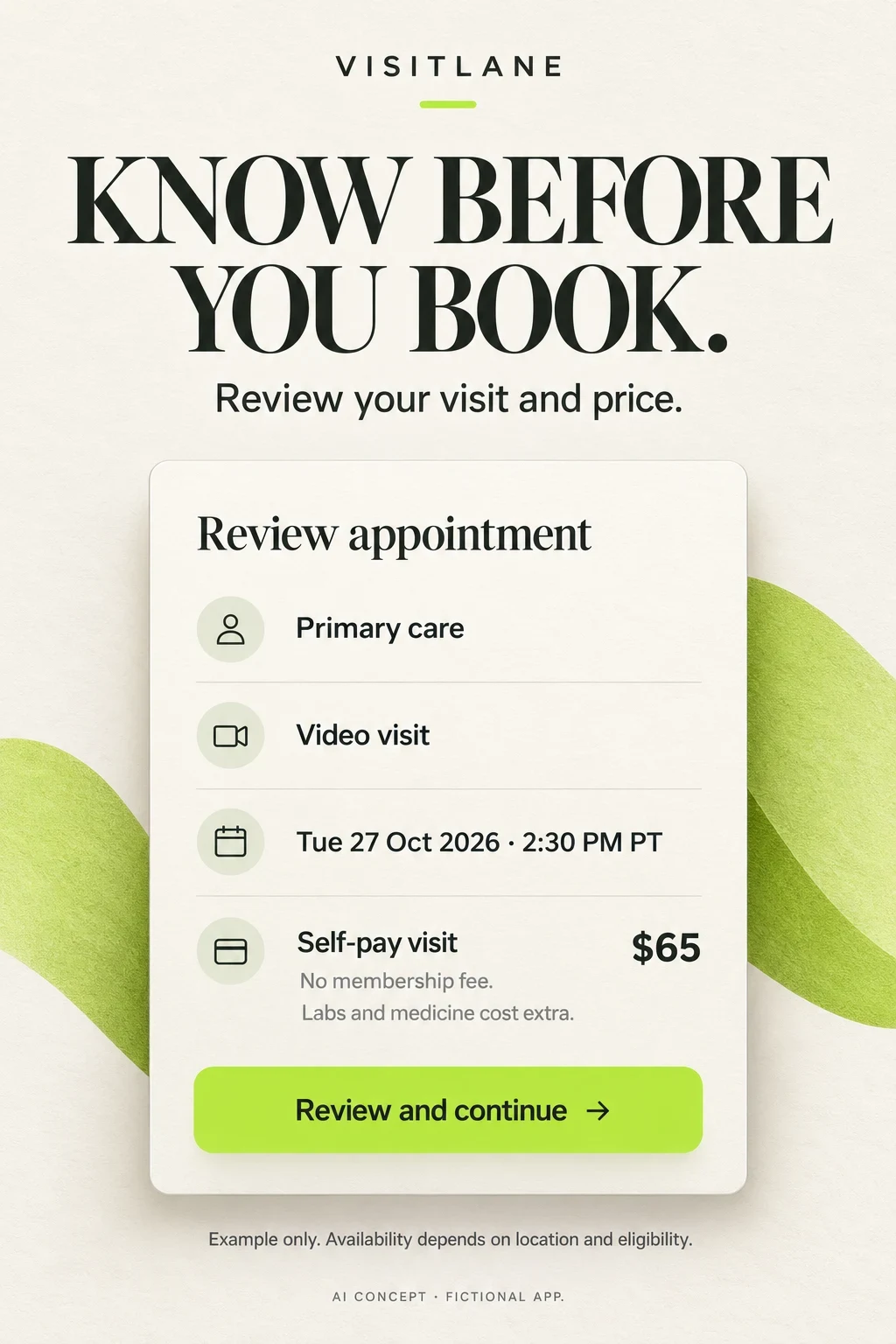 Fictional VisitLane appointment review concept separating a visit fee from extra costs