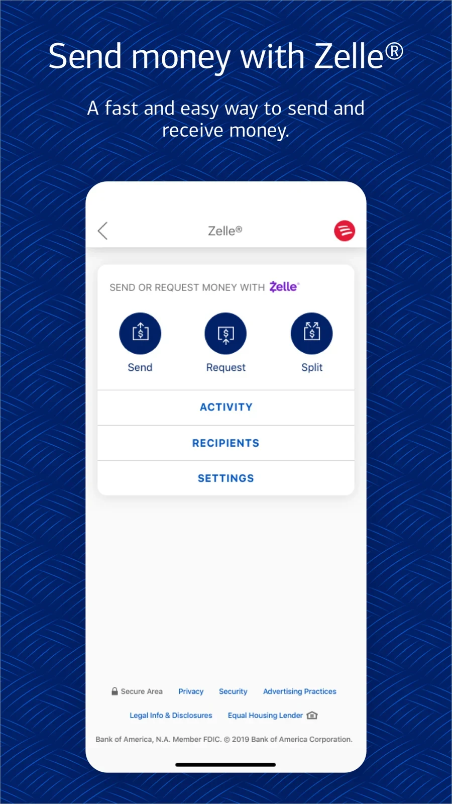 Bank of America, panel 3: The money-sending panel shows send, request and split choices.