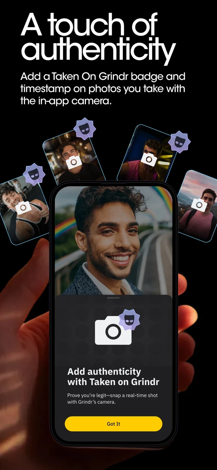Grindr, panel 3: An in-app camera badge is presented as an authenticity feature.