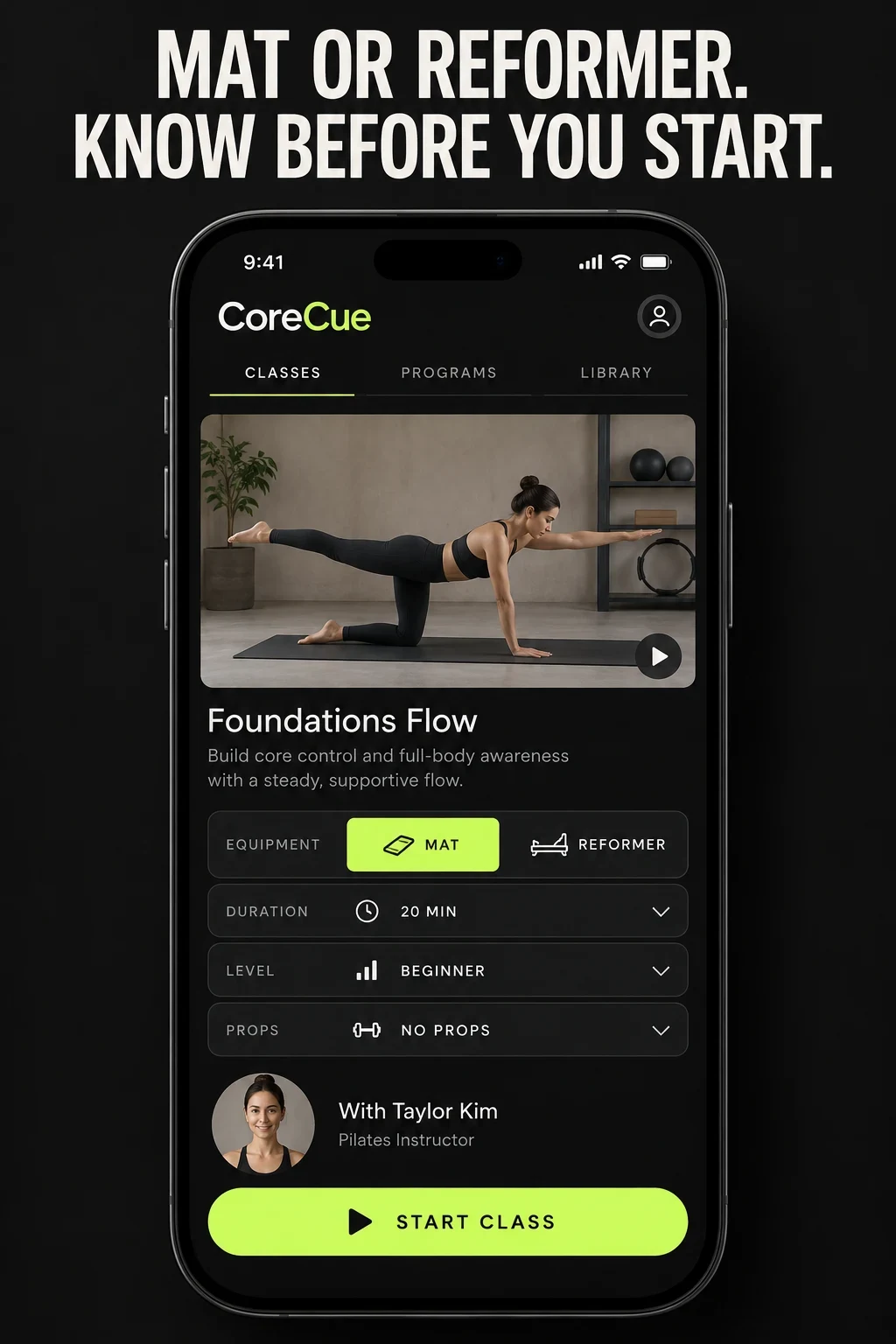 Fictional CoreCue concept showing mat and reformer selection before a Pilates class