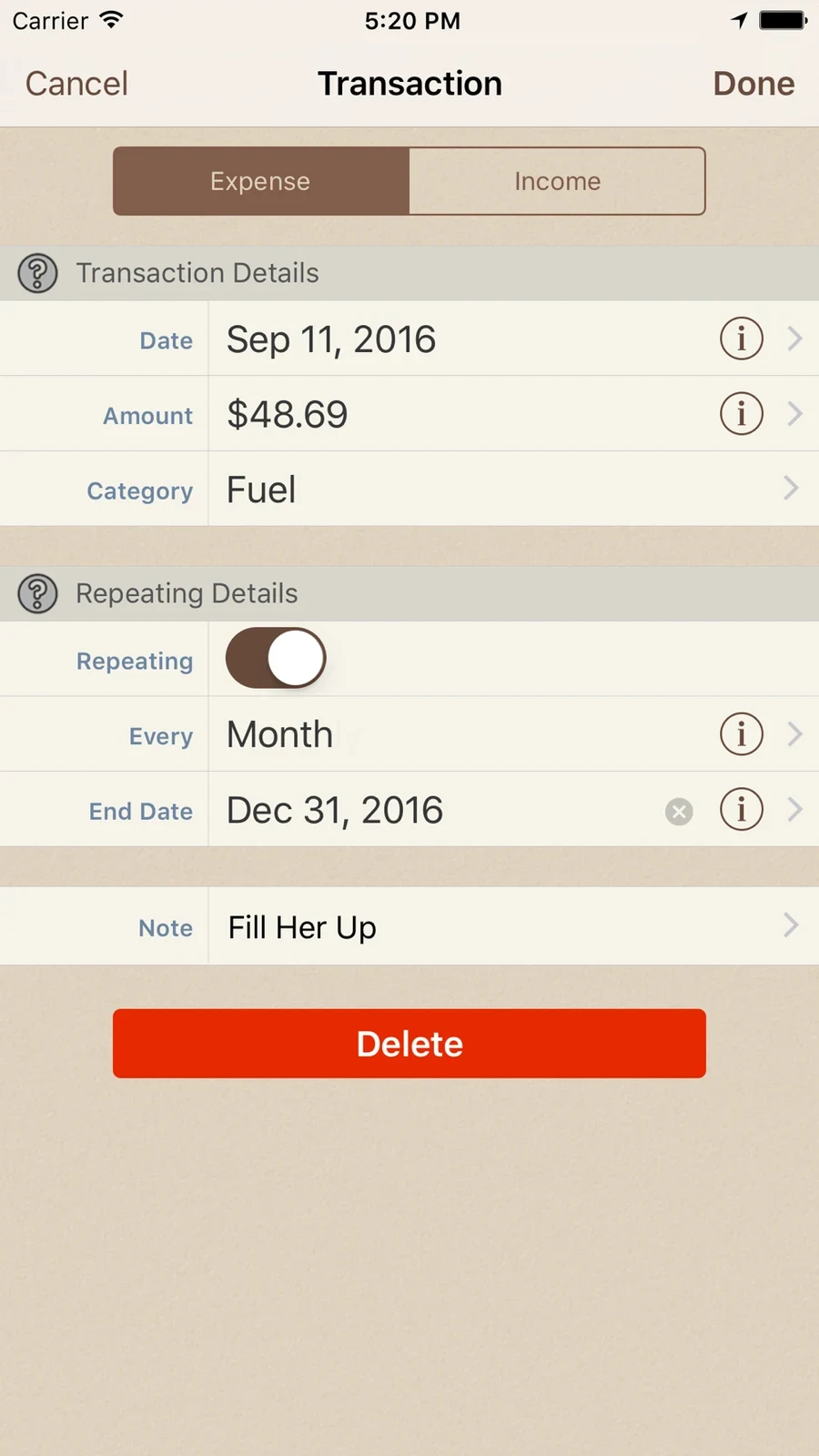 Spending Tracker: expense editor with date amount category and repeat settings