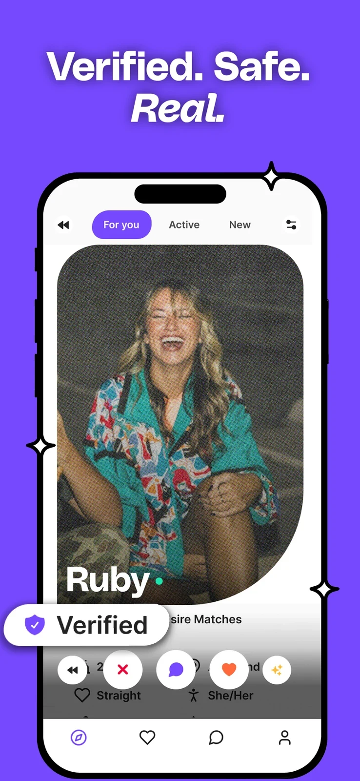 HUD™: Casual Dating App, panel 2: A profile badge accompanies a broad safety headline.