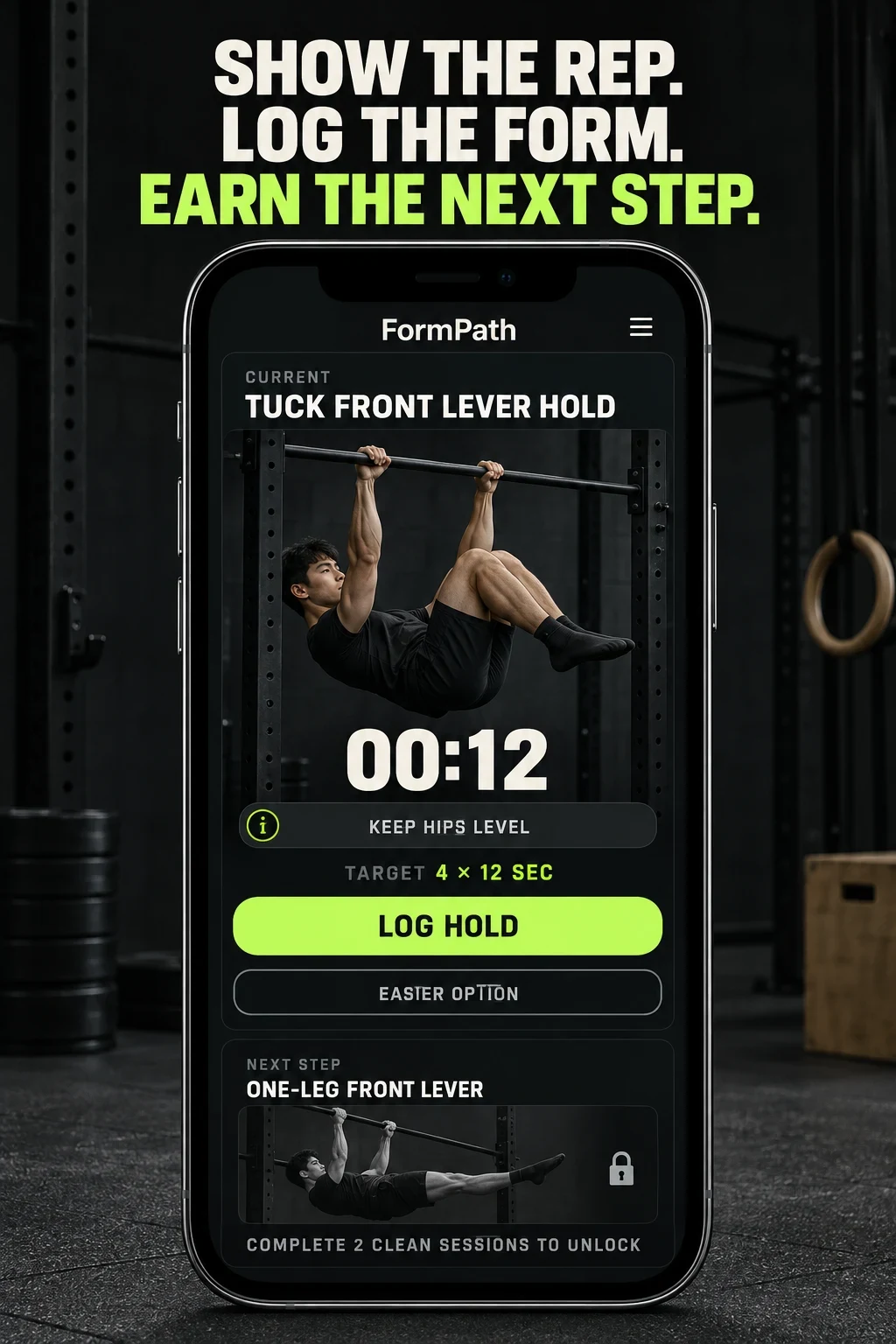 AI concept for fictional FormPath showing a tuck front lever set, cue, log action, easier option and unlock rule