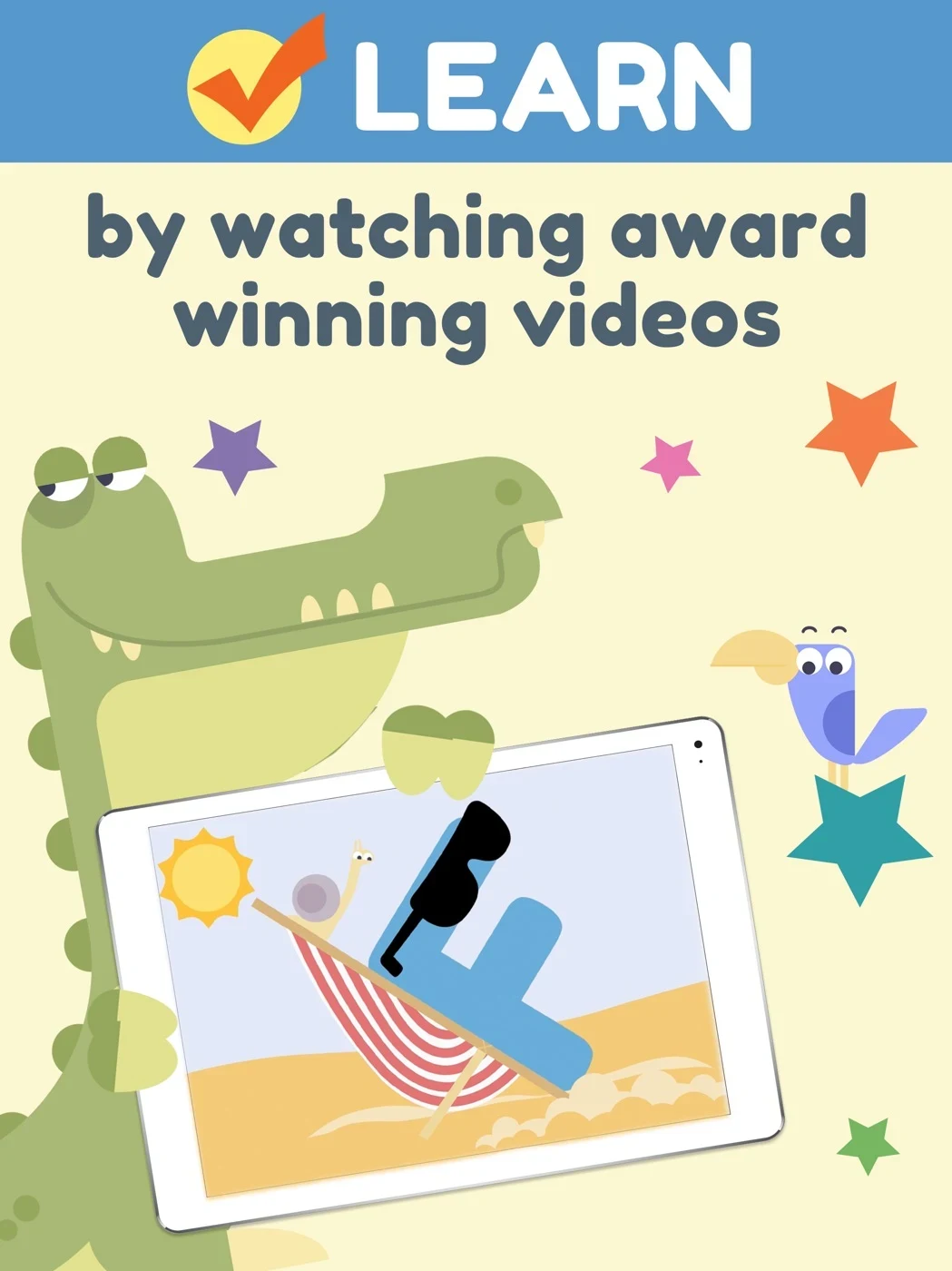 Hooked on Phonics Learning, panel 1: An animated letter appears under an award claim.