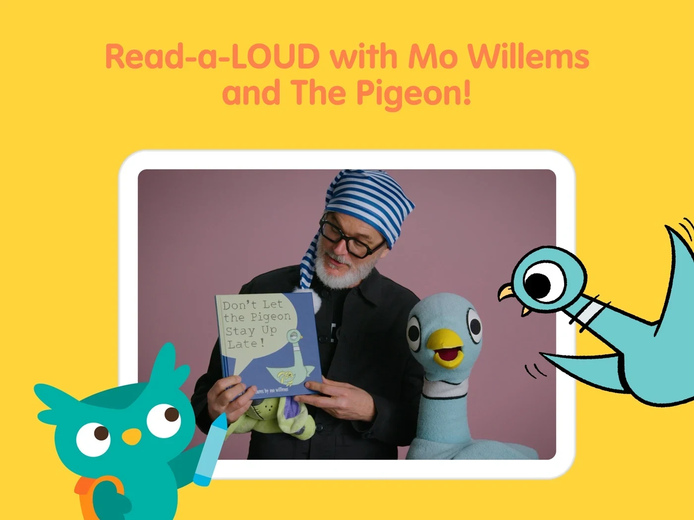 Sago Mini School Toddler Games, panel 3: A read-aloud video features The Pigeon.