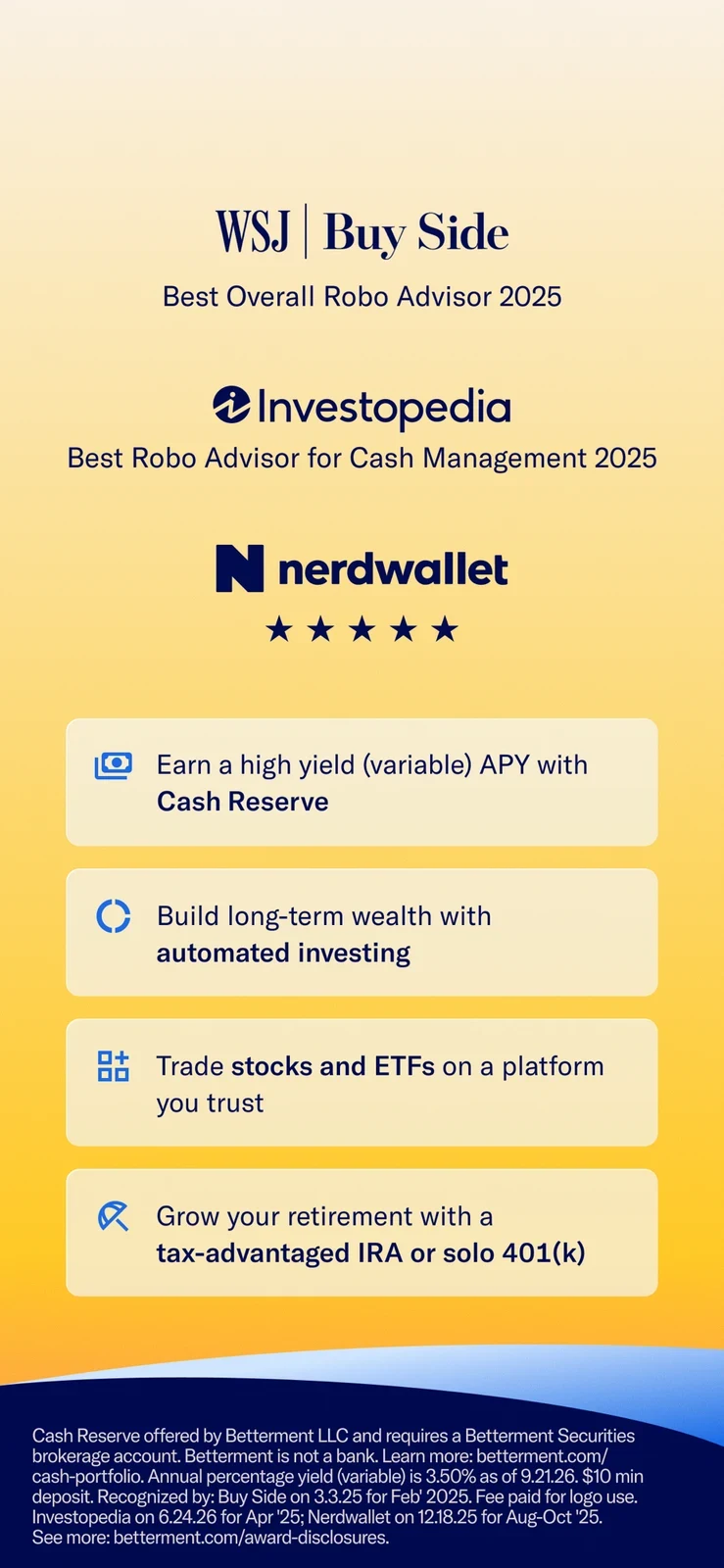 Betterment, panel 2: Awards and a service list introduce several product models.