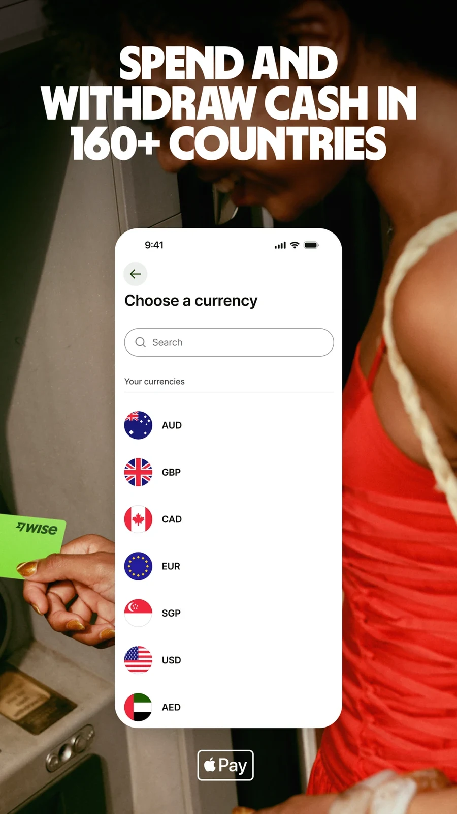 Wise: currency chooser over card and cash-withdrawal imagery