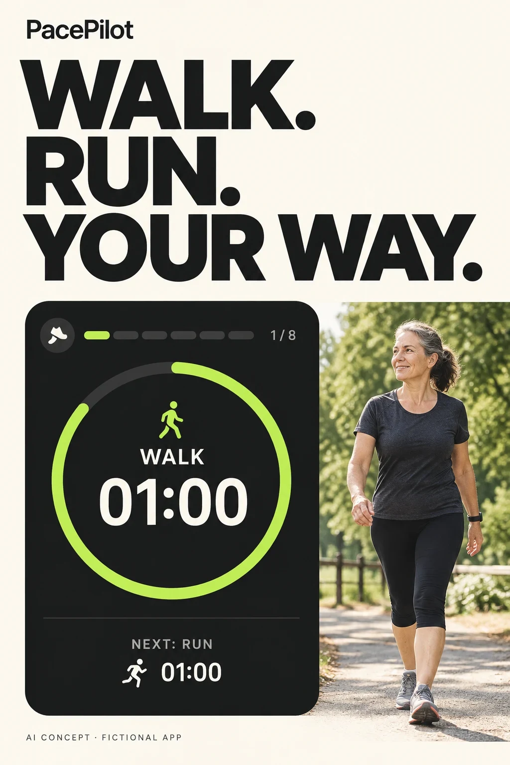 AI-generated beginner running concept centred on walking and running intervals