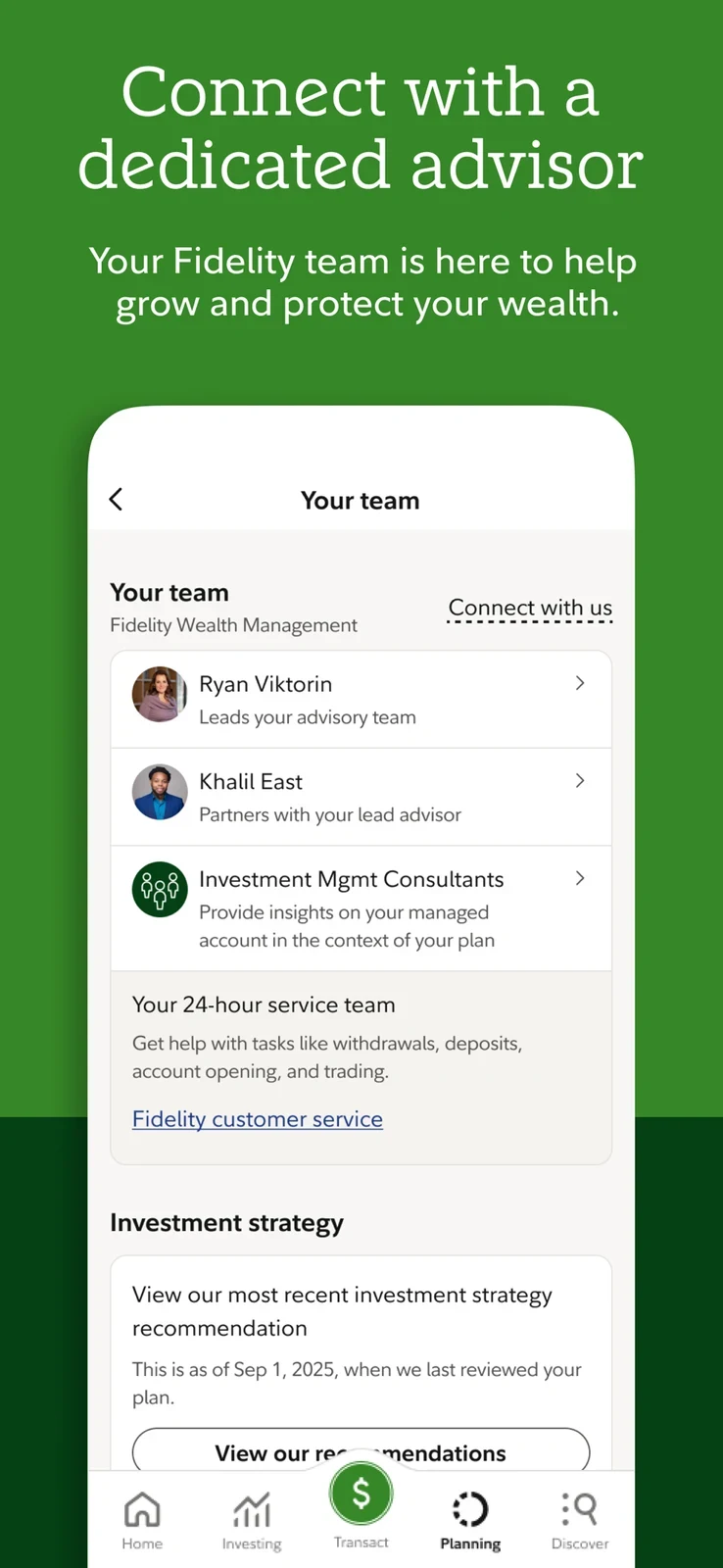 Fidelity, panel 2: An advisory-team screen makes a specific assistance relationship visible.