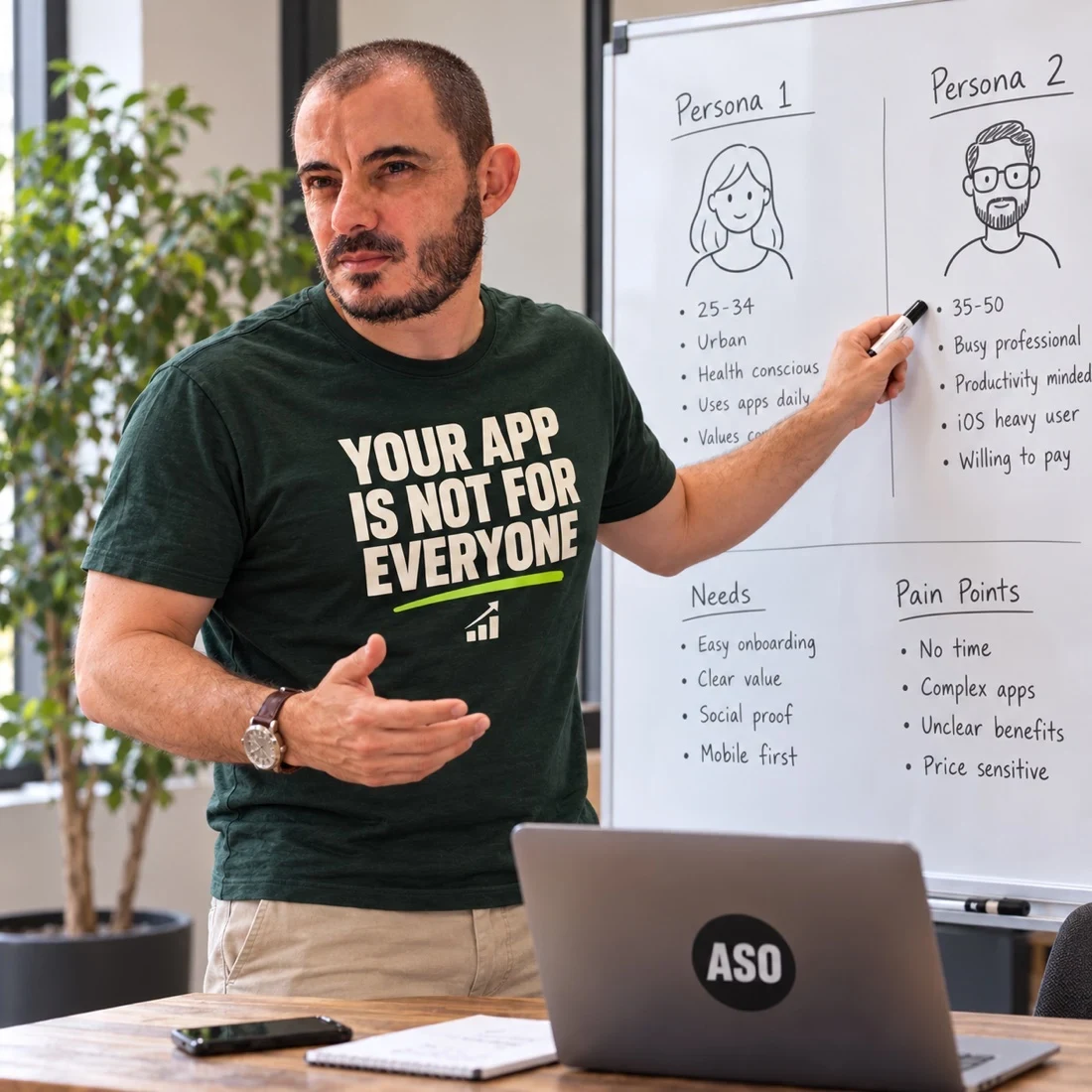Gabriel reviewing an app’s product promise and positioning