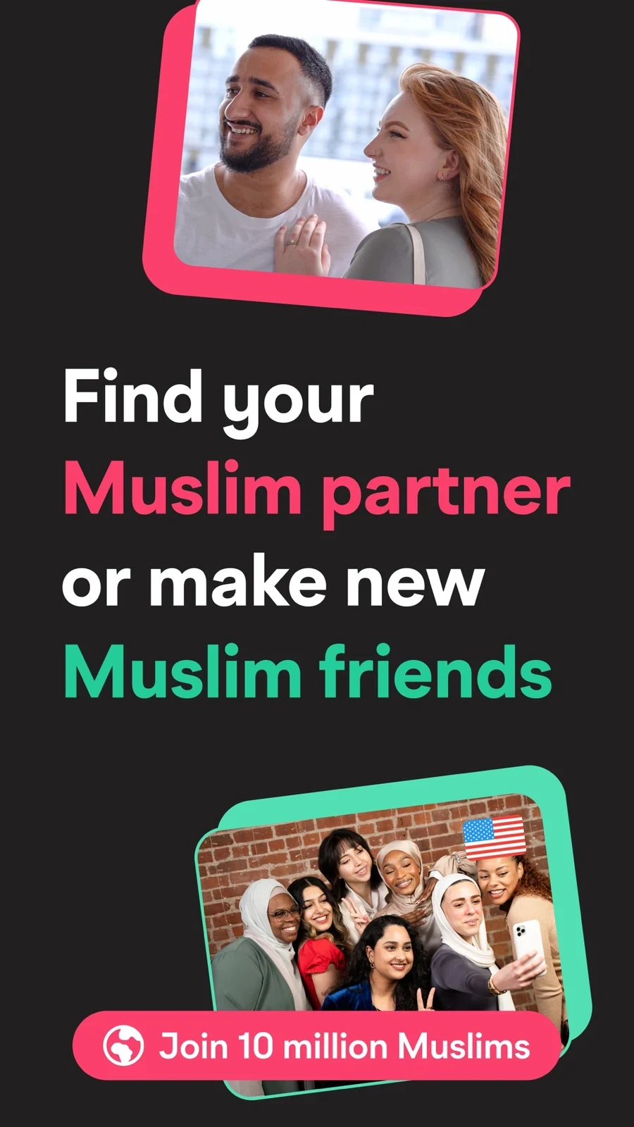 Muzz: Where Muslims Marry, panel 1: A community headline presents partner and friendship ideas.