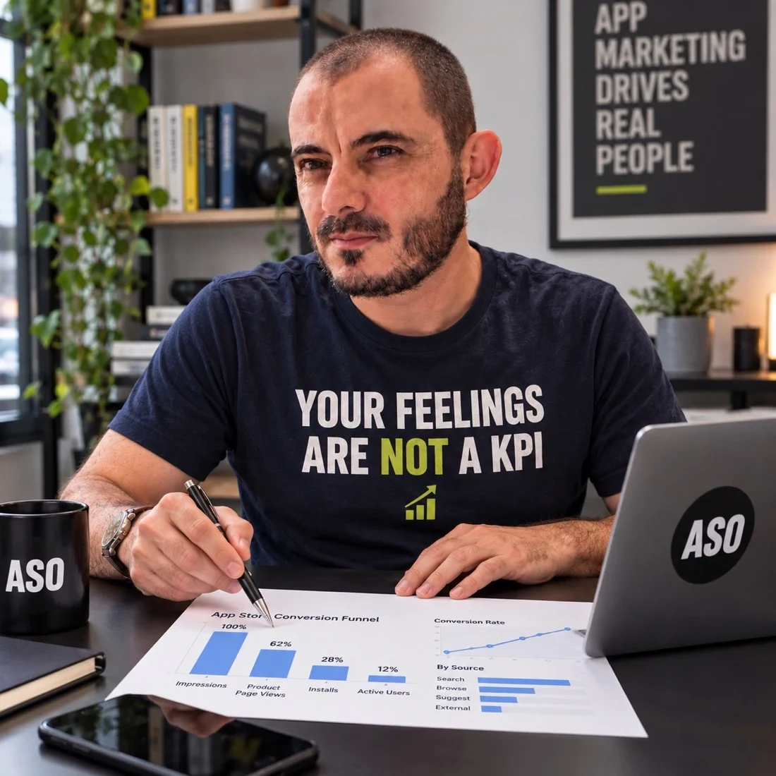 Gabriel working on aso keyword search volume estimates at his ASO workspace