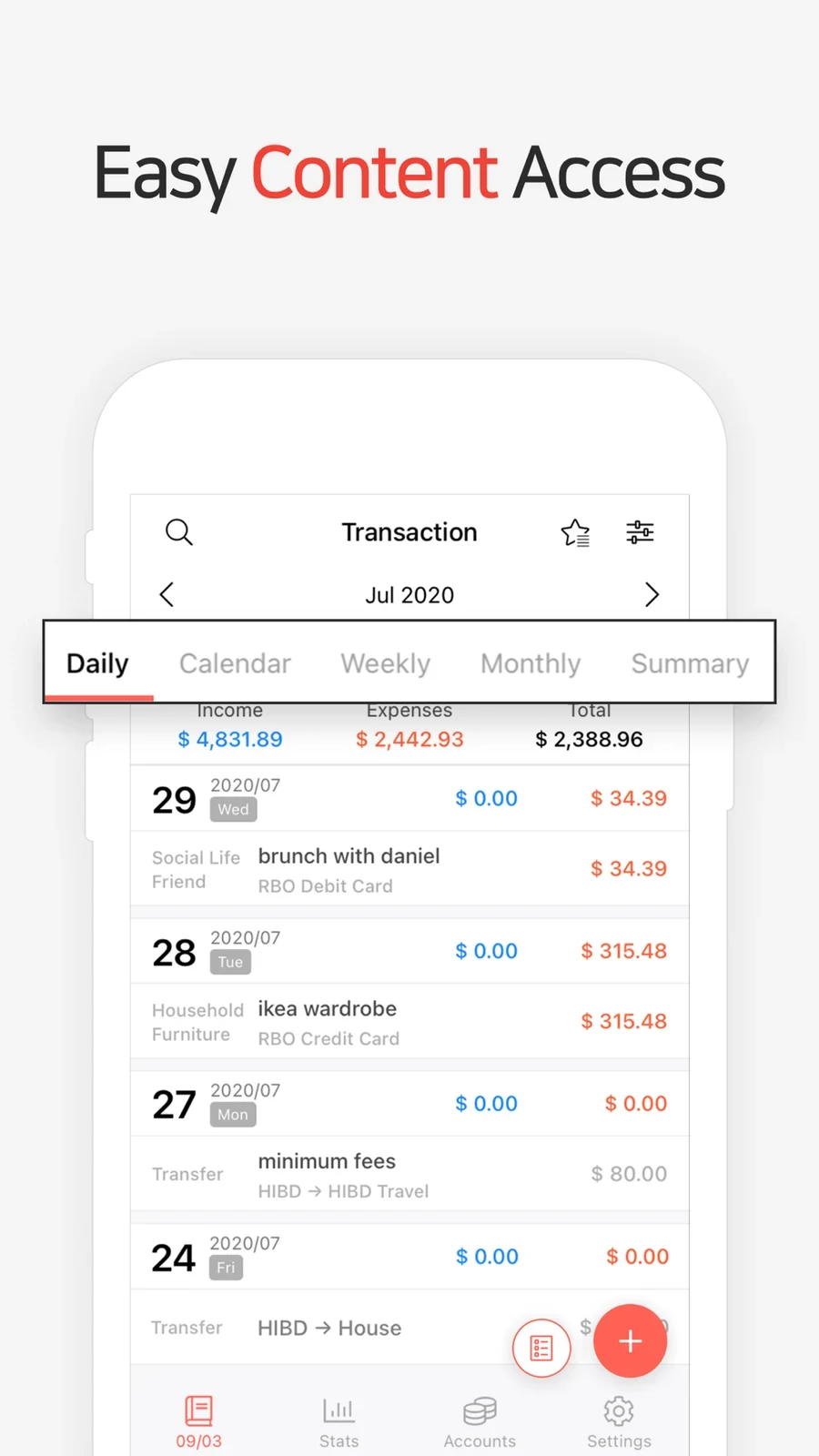 Money Manager: upright transaction list with enlarged period tabs