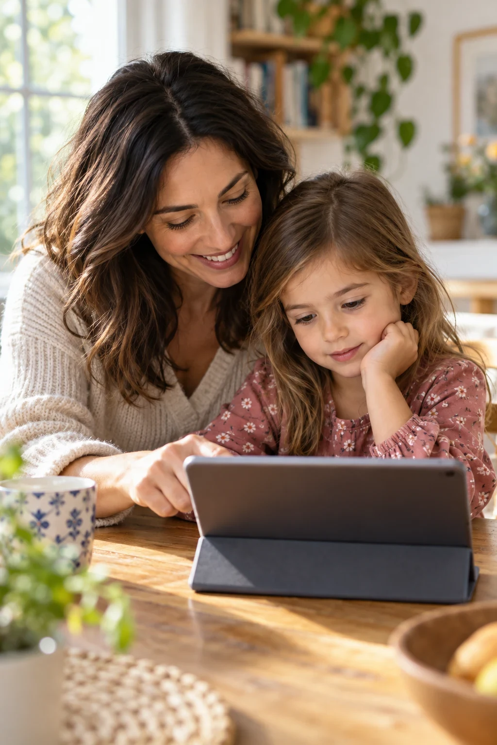 A caregiver and child using a tablet together