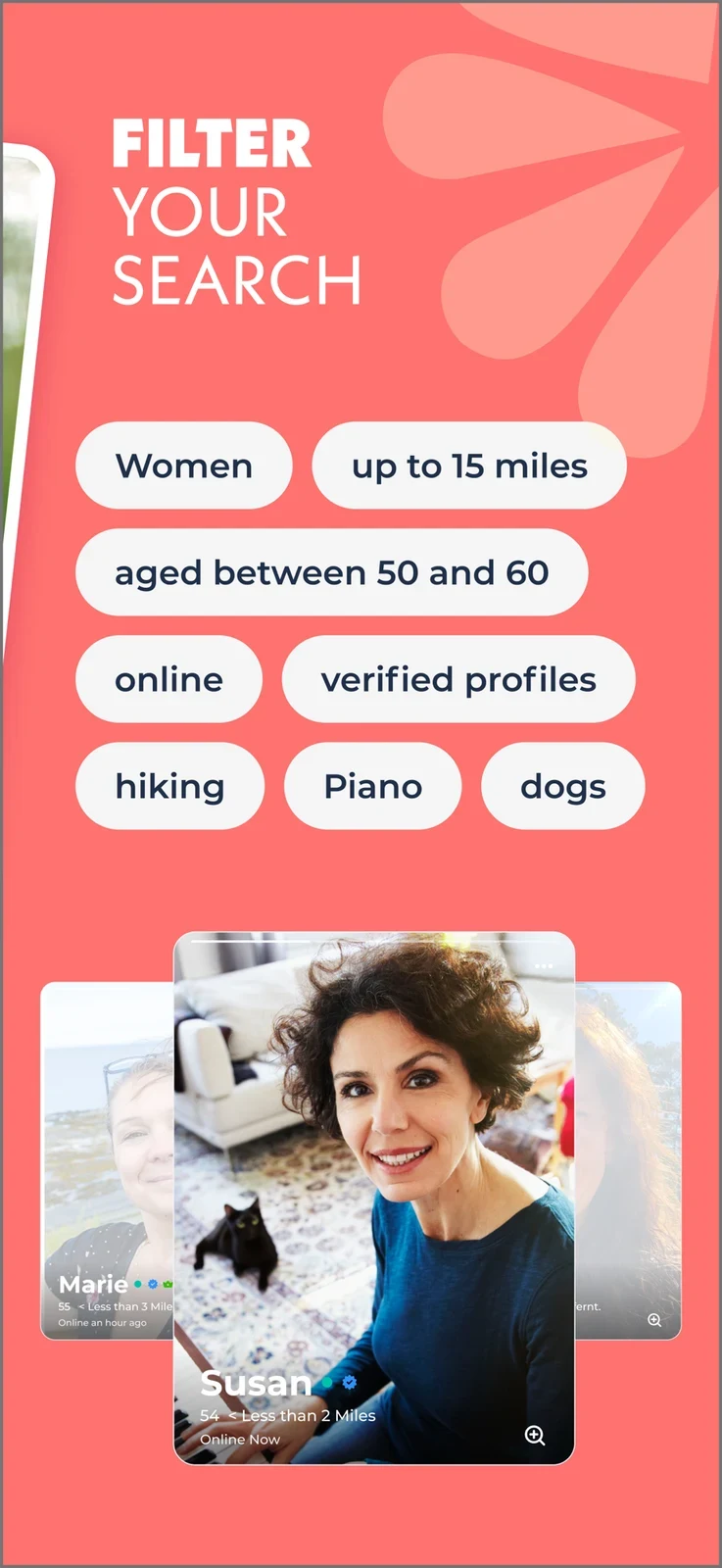 OurTime: Meet Singles Over 50, panel 4: Preferences show age and distance controls.