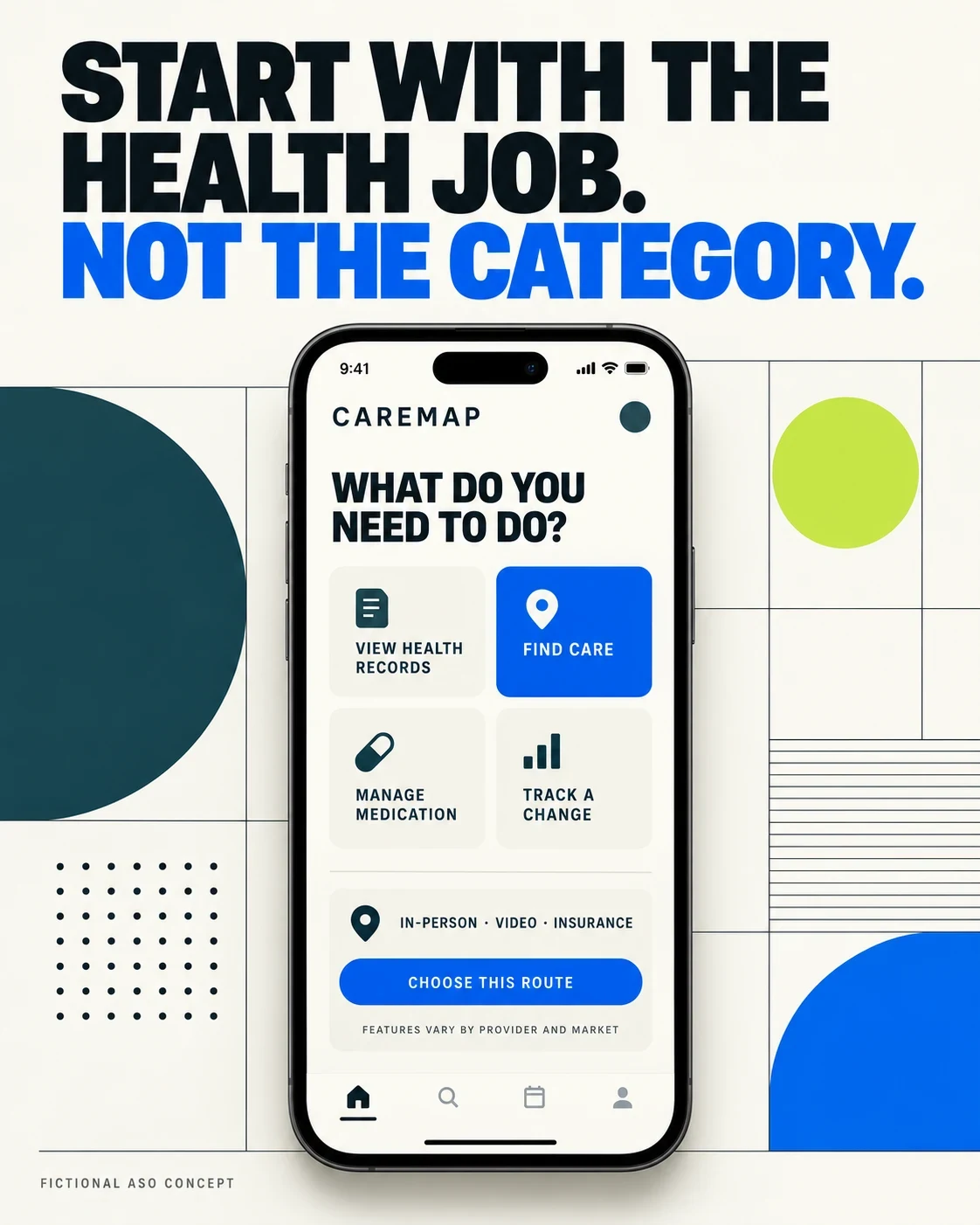 Fictional CareMap concept routing people to records care medication or tracking
