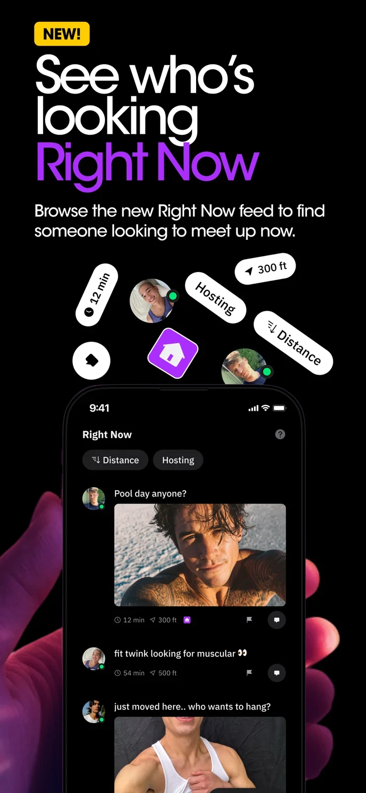 Grindr, panel 2: A feed illustrates people seeking to meet and uses distance and timing labels.