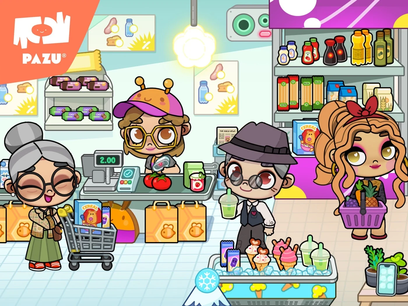 Avatar World ®, panel 4: A grocery scene shows shopping props.