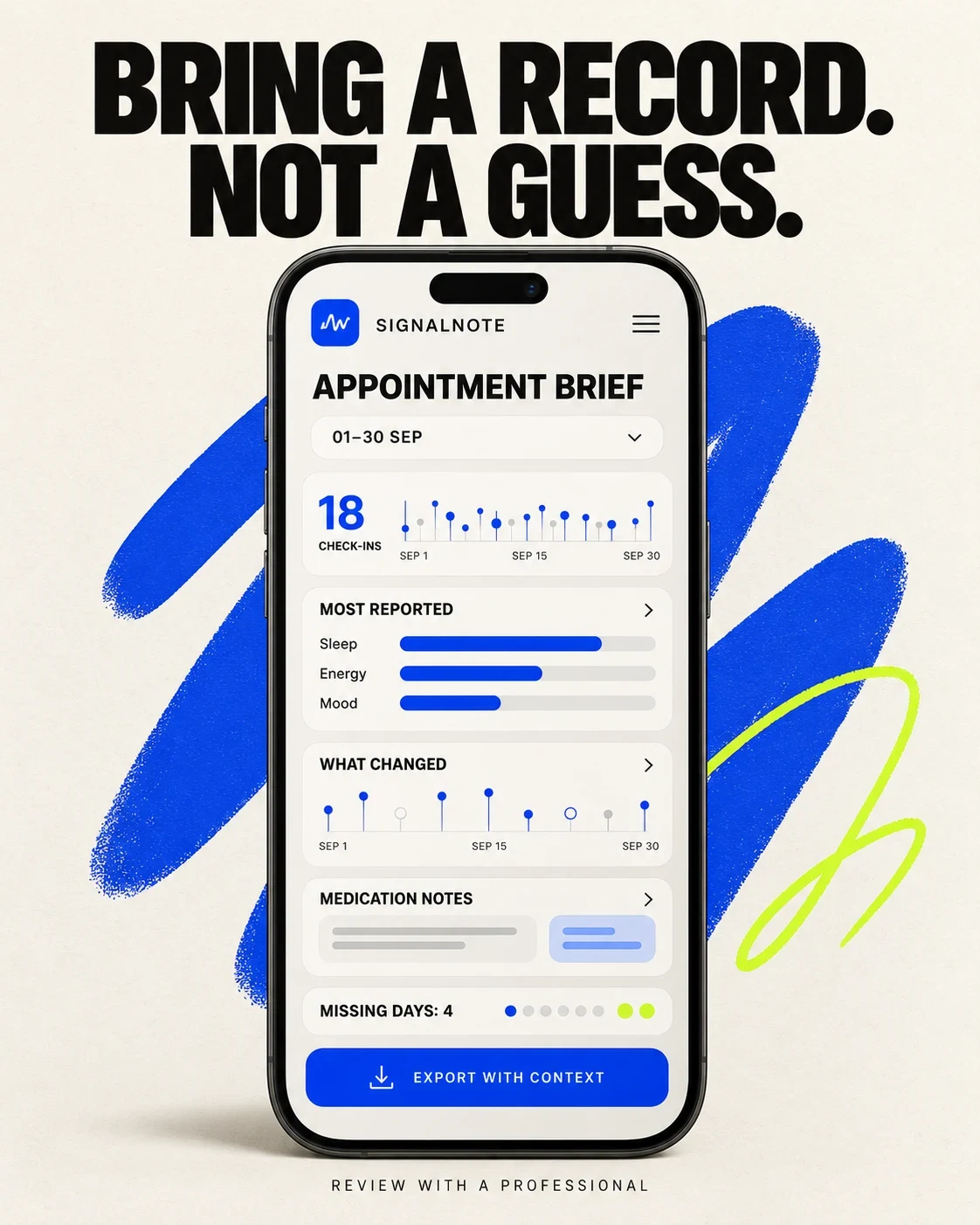 Fictional SignalNote appointment brief with missing-day disclosure