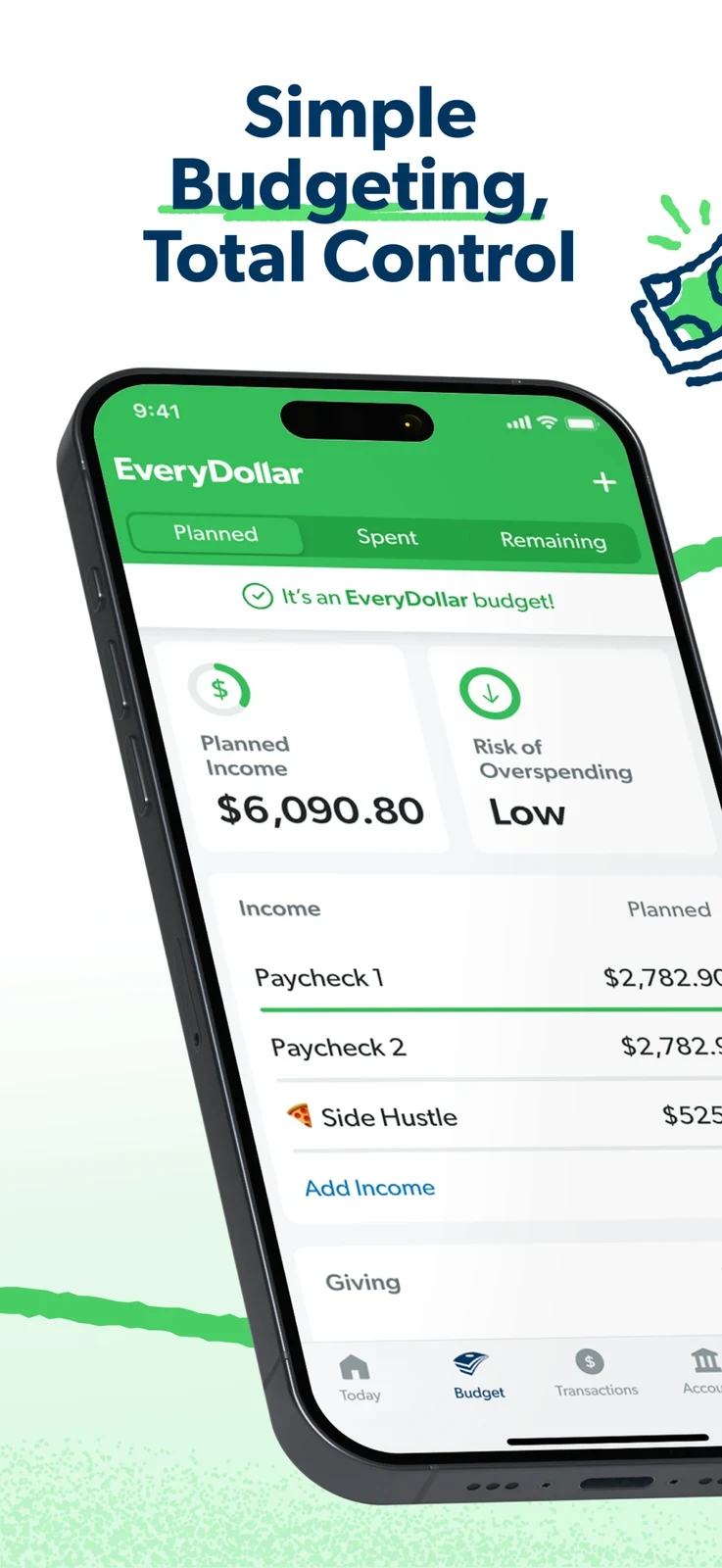 EveryDollar: angled phone with planned-income and risk labels