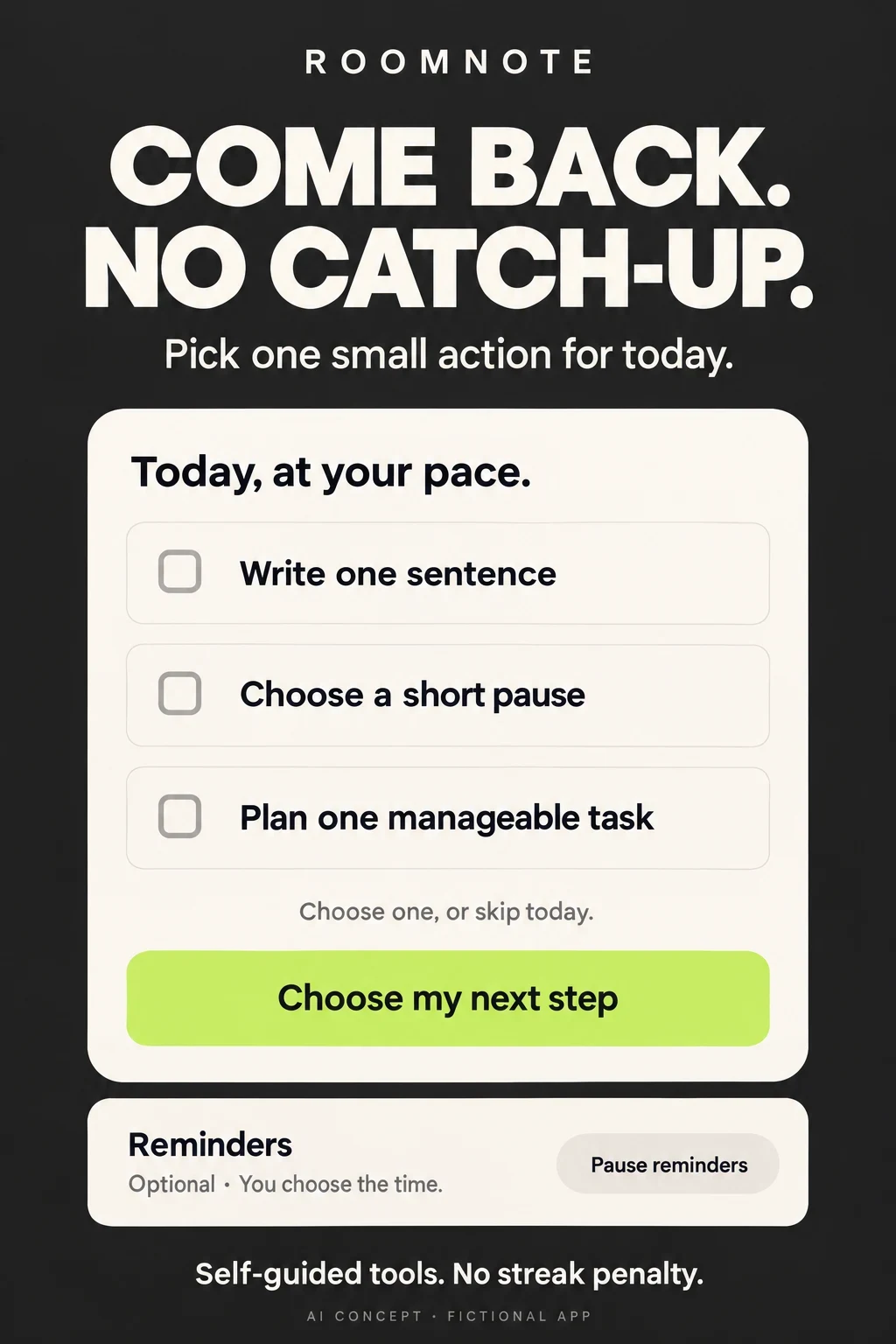 AI concept offering three small optional self-care actions with skip and reminder-pause choices