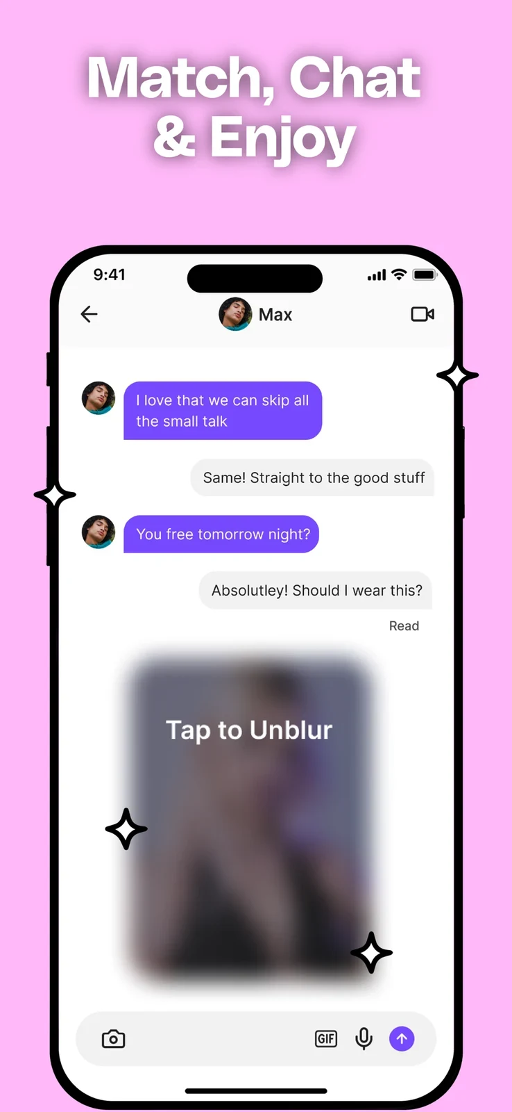 HUD™: Casual Dating App, panel 4: A staged chat shows a blur-to-view media control.