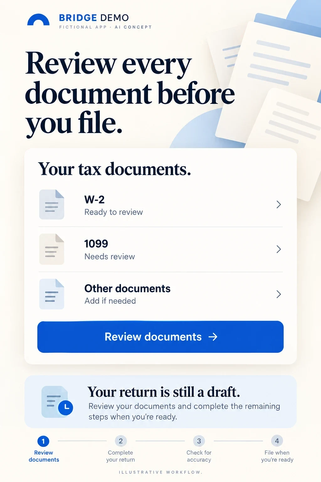 Fictional W-2 and 1099 document-review list with an unfinished draft