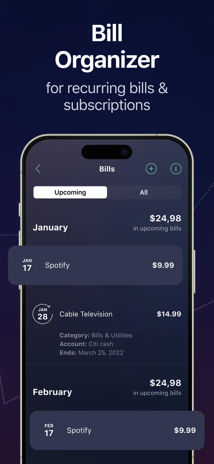 PocketGuard: recurring bills with dates and upcoming totals
