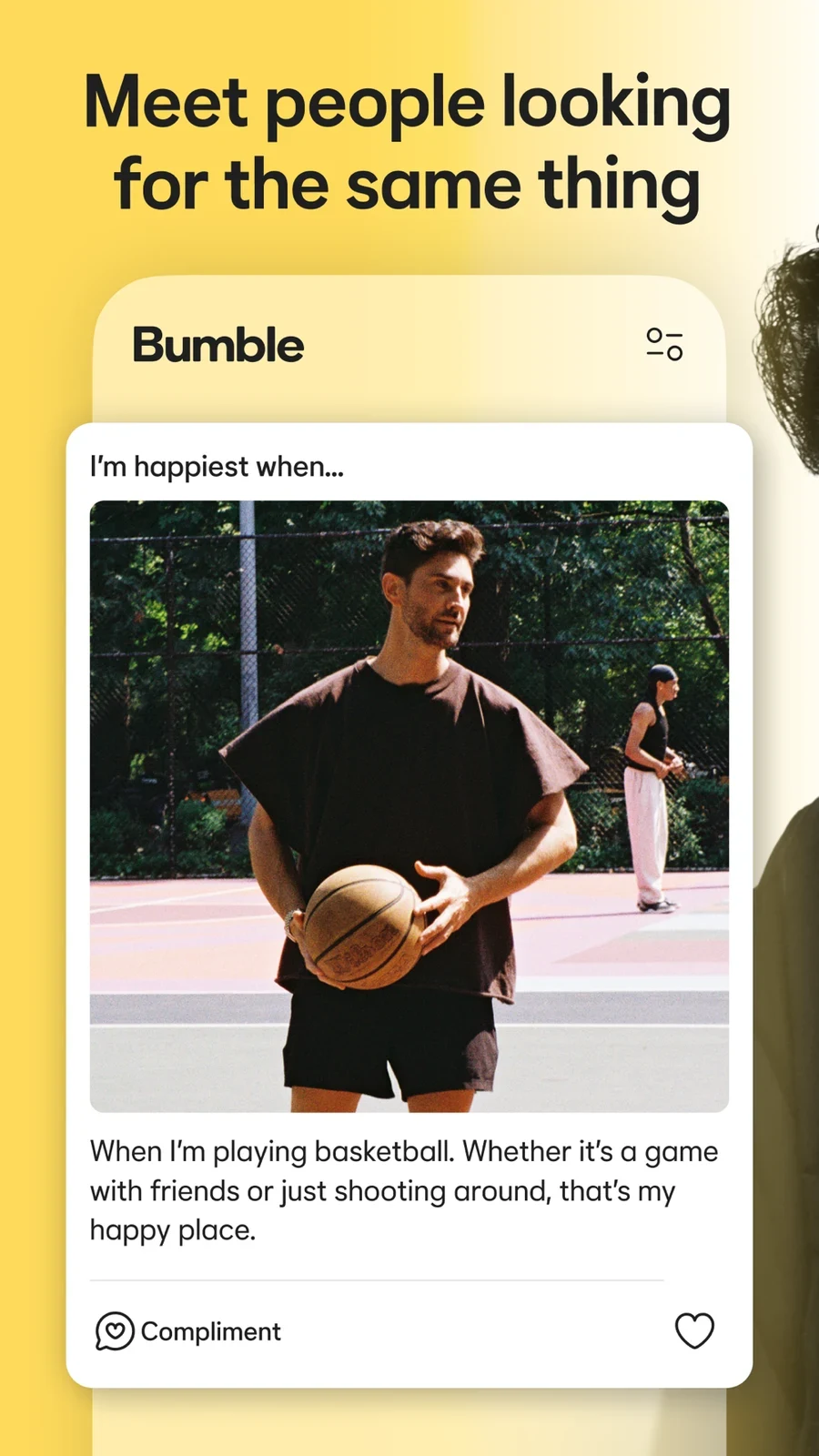 Bumble, panel 3: A profile card illustrates interests and a compliment action.
