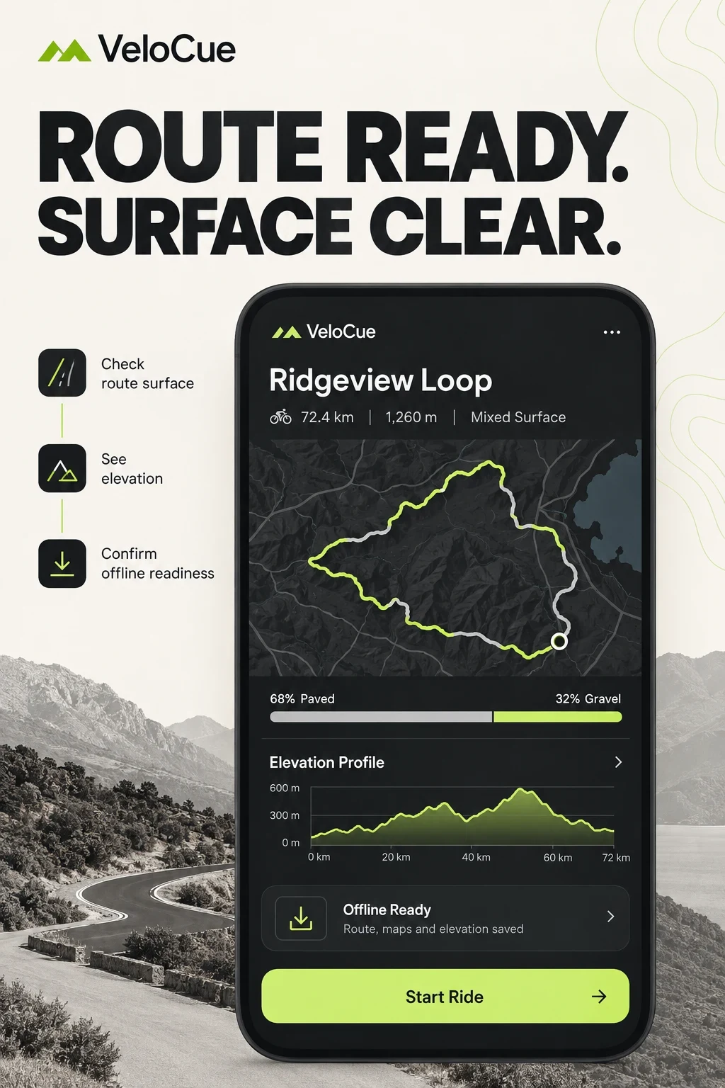 Fictional VeloCue concept showing route surface, elevation and offline readiness before a ride