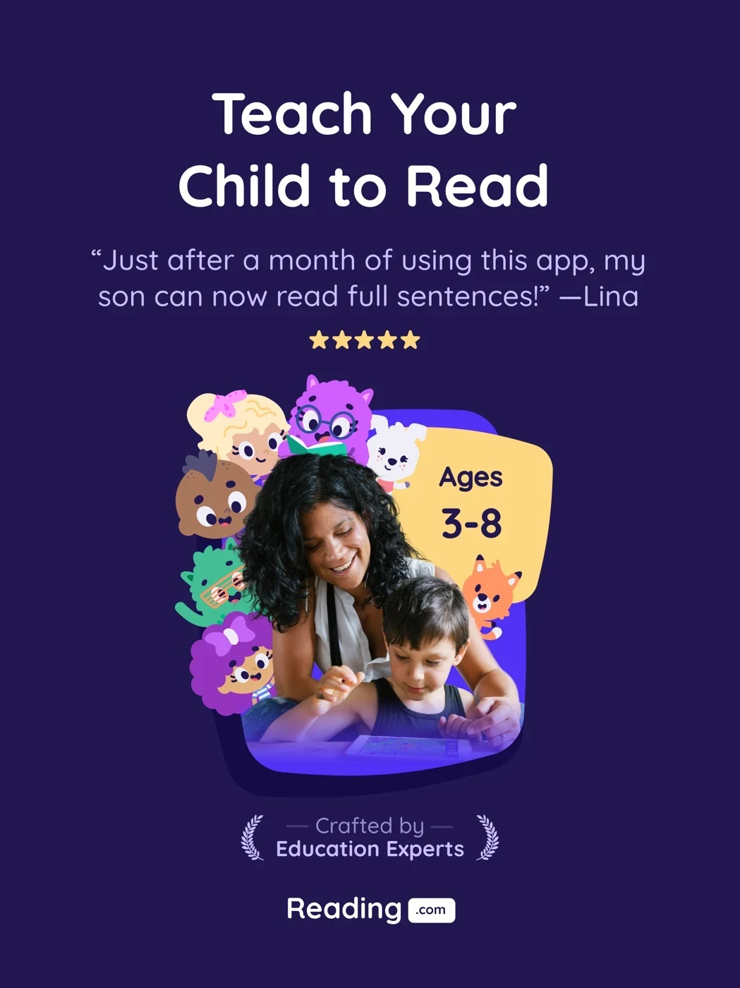 Learn to Read - Reading.com, panel 1: A caregiver and child appear with a testimonial.