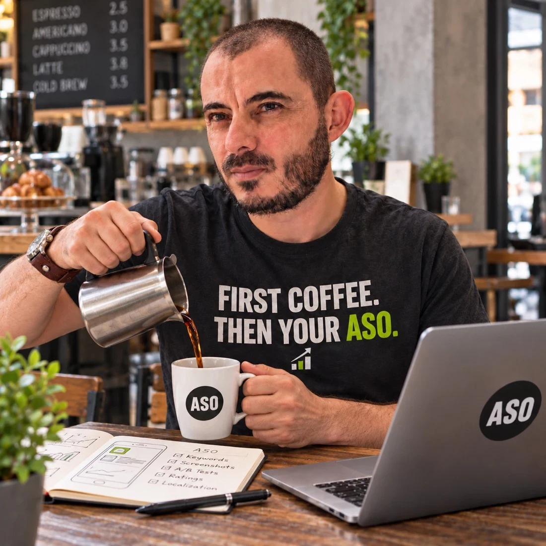 Gabriel working on long-tail keywords for aso at his ASO workspace